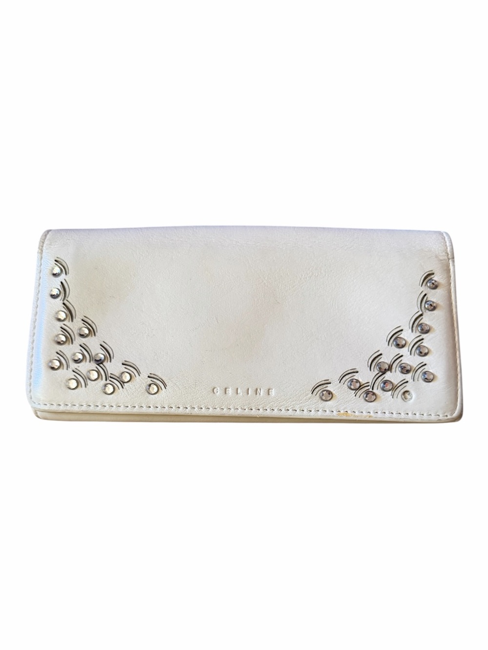Woman’s Celine Cream Leather Long Wallet with Silver Stud Accents